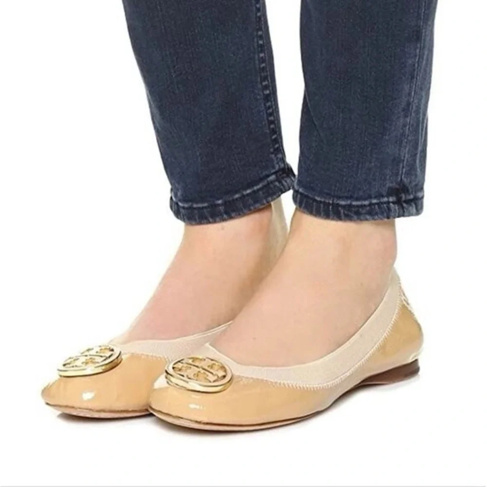 Tory Burch Caroline Ballerina Nude Beige Patent Leather Flats Size 10M